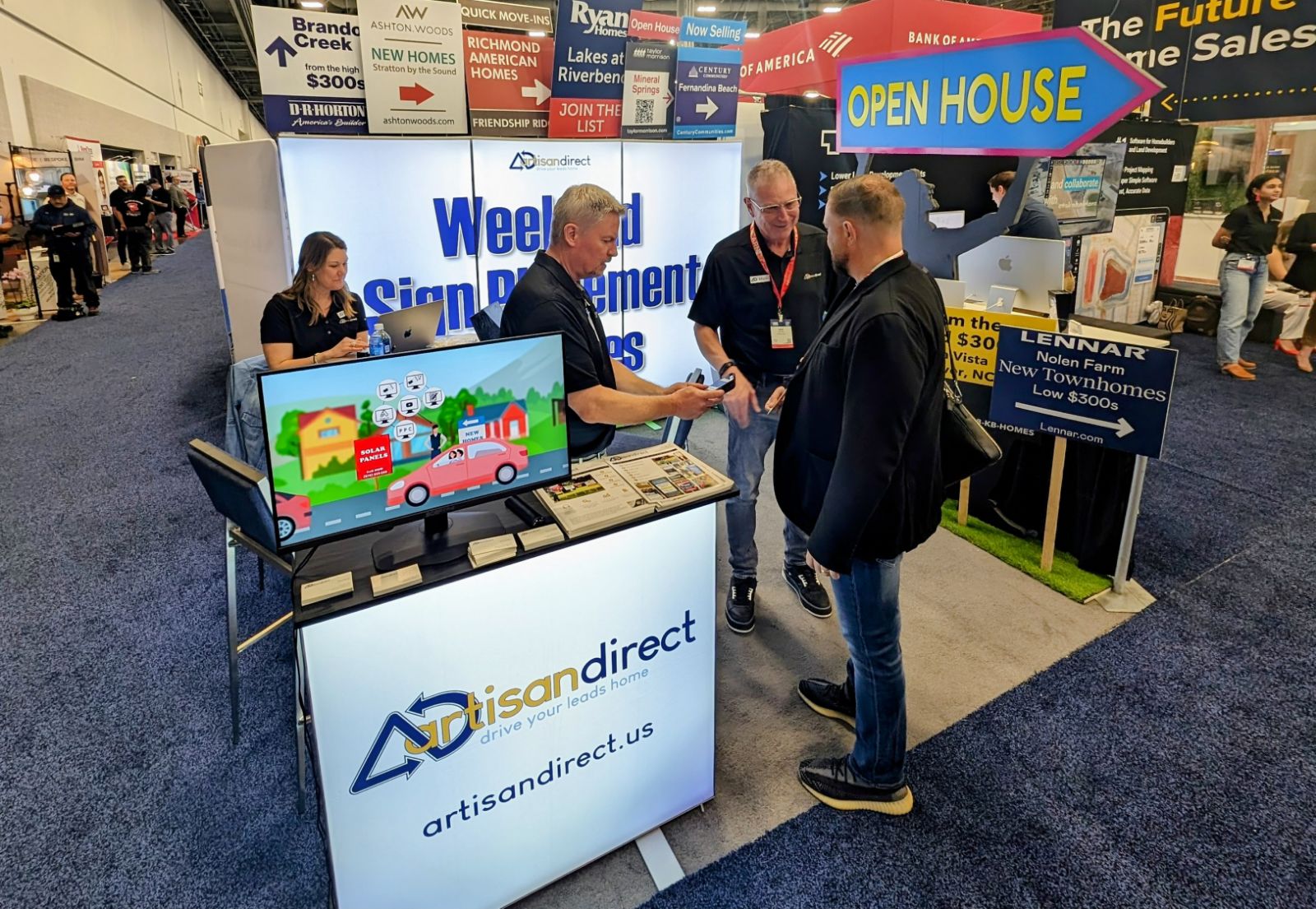 Directed showcasing weekend sign placement services at a trade show