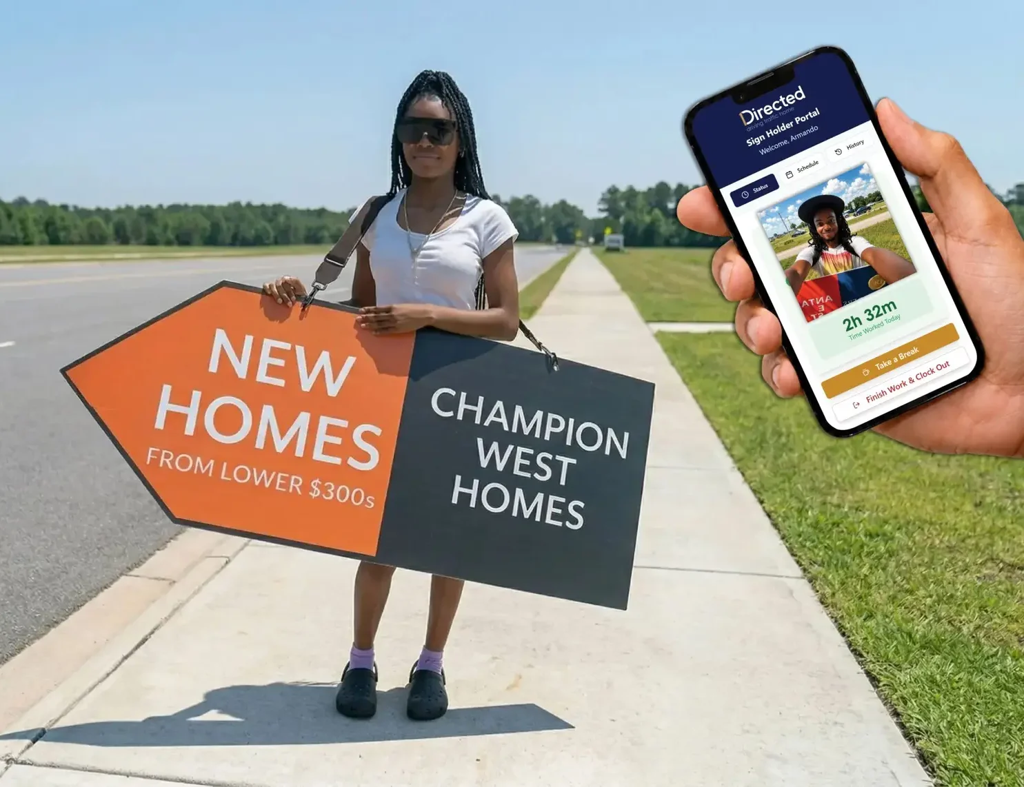 Human directional sign holder using the Directed mobile app