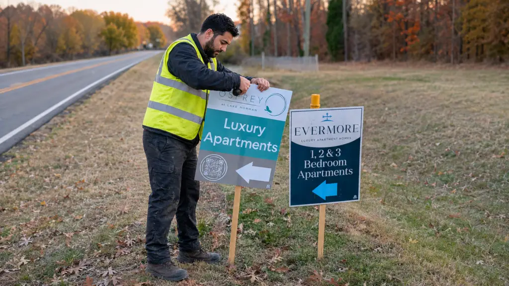 Installer placing weekend directional signs for apartment communities